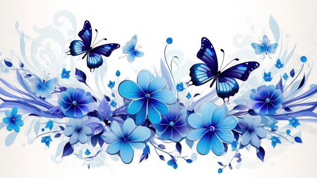 Abstract blue watercolor style floral with butterfly on white background. Generate AI image