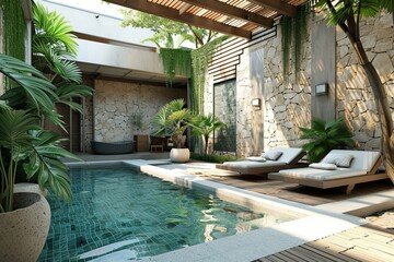 Modern apartment patio or cortyard with pool, calming area for relaxing in natural and exotic colors. - Powered by Adobe