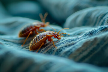 Bed bugs discreetly cling to the fabric of a hotel bedsheet.