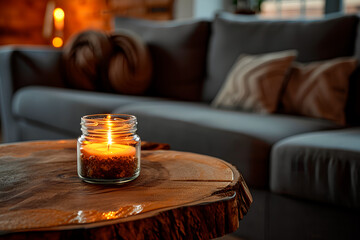 Fototapeta na wymiar A detailed shot of a weathered glass jar containing a lit candle positioned on a rustic live edge coffee table, set against a gray sofa in a minimalist loft, showcasing contemporary interior design 