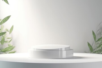 Fototapeta na wymiar Smooth edge natural shape white podium in sunlight shadow 