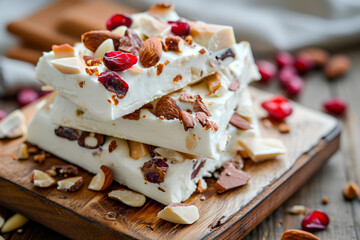 Delectable yogurt bark presented enticingly on a rustic wooden board.
