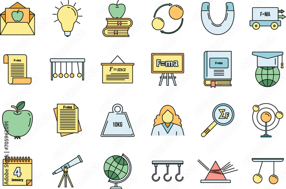 Poster world newtons day icons set. outline set of world newtons day vector icons thin line color flat on w
