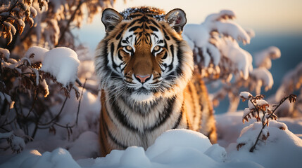 Beautiful wild siberian tiger on snow - Powered by Adobe