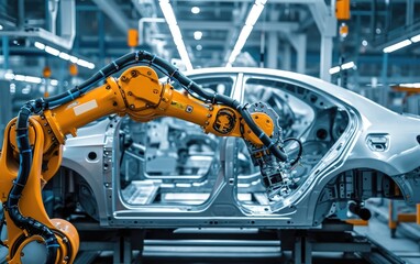 Modern factory with robotic arms for the car production