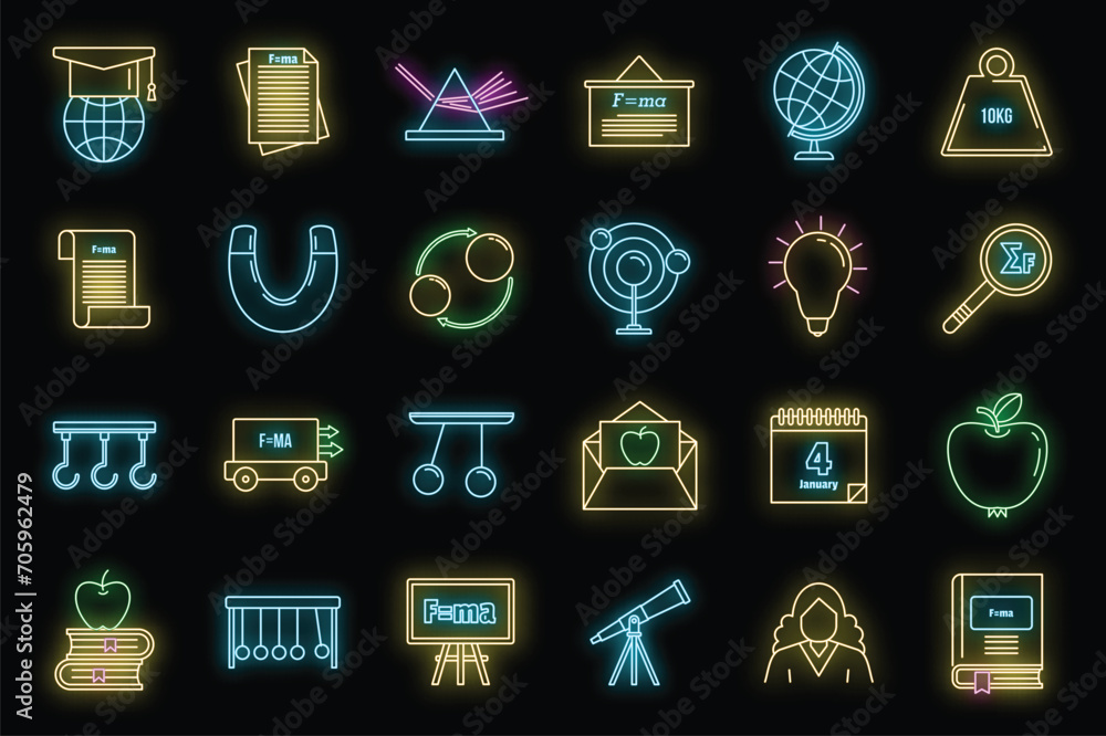 Poster world newtons day icons set. outline set of world newtons day vector icons neon color on black