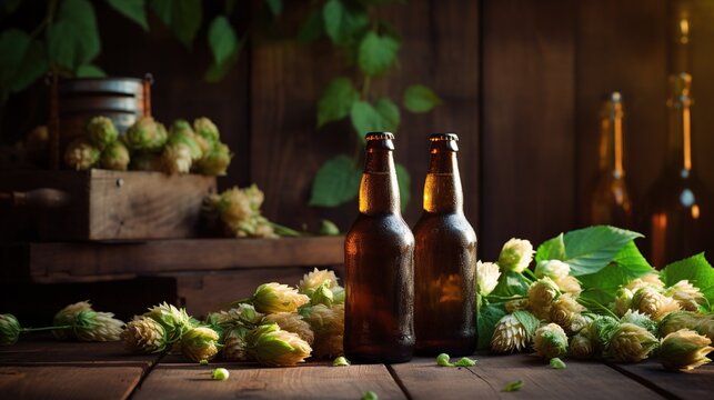 Chilled craft beer bottles with a scattering of fresh green hops set on a rustic wooden table, inviting a taste of the brewer's art.

