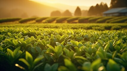 A tranquil tea farm bathed in the warm glow of sunset, with close-up of the vibrant green tea leaves.
