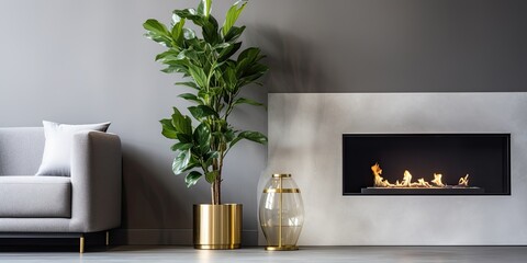 Minimal modern style apartment with artificial plant in glass and gold accents, placed on empty fireplace.