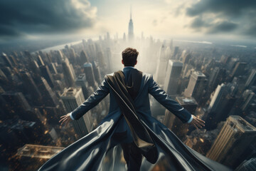 An engaging graphic depicting a financial superhero soaring through a city skyline, symbolizing the empowering impact of sound financial choices. Concept of financial empowerment. Generative Ai.