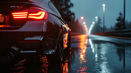 Atmospheric photo of the car on the highway in the dark, where the rear lights reflect on the wet