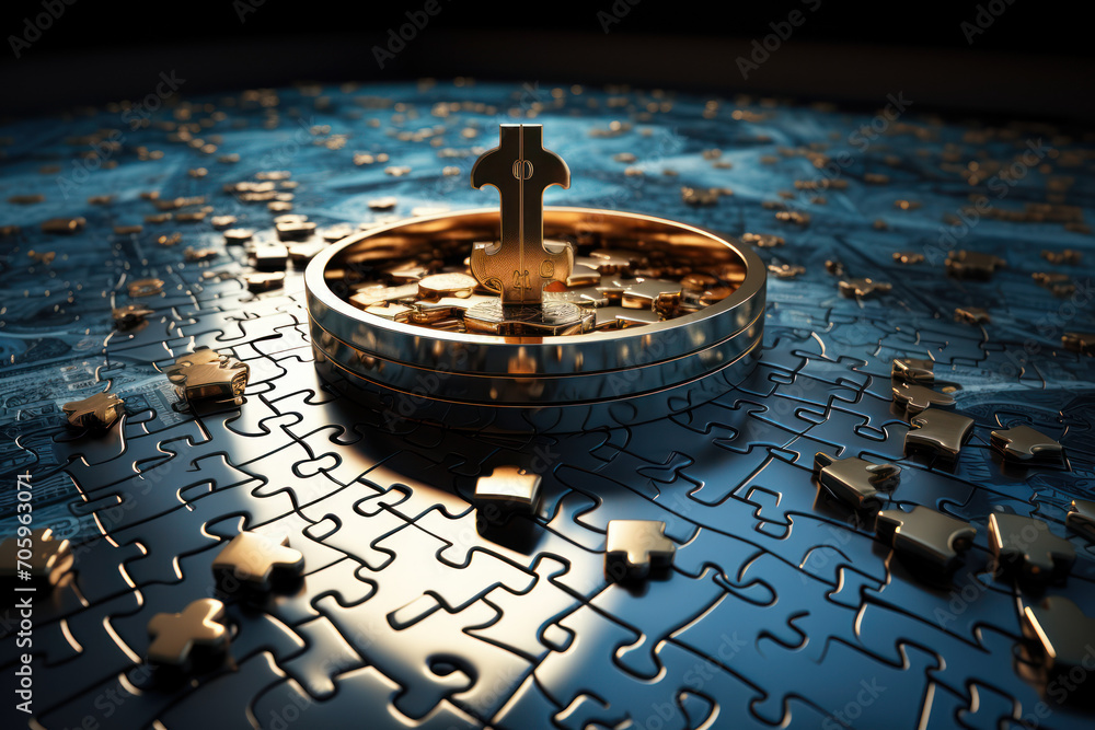 Aufkleber an imaginative illustration of a financial puzzle coming together to form a picture of a secure futu