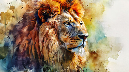 A portrait of a lion, drawn by watercolor, with a powerful look and a colorful mane