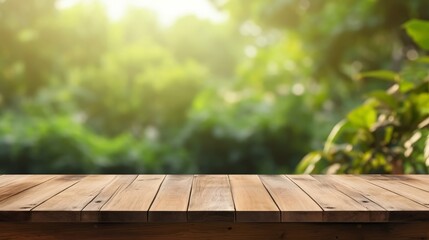 Empty Wood Table Top with Outdoor Garden Background AI Generated