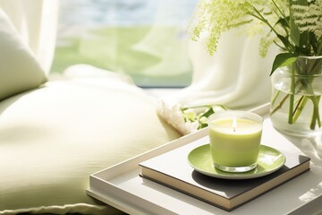 Fototapeta na wymiar Matcha latte with a serene morning backdrop. A cozy blanket and a book next to it
