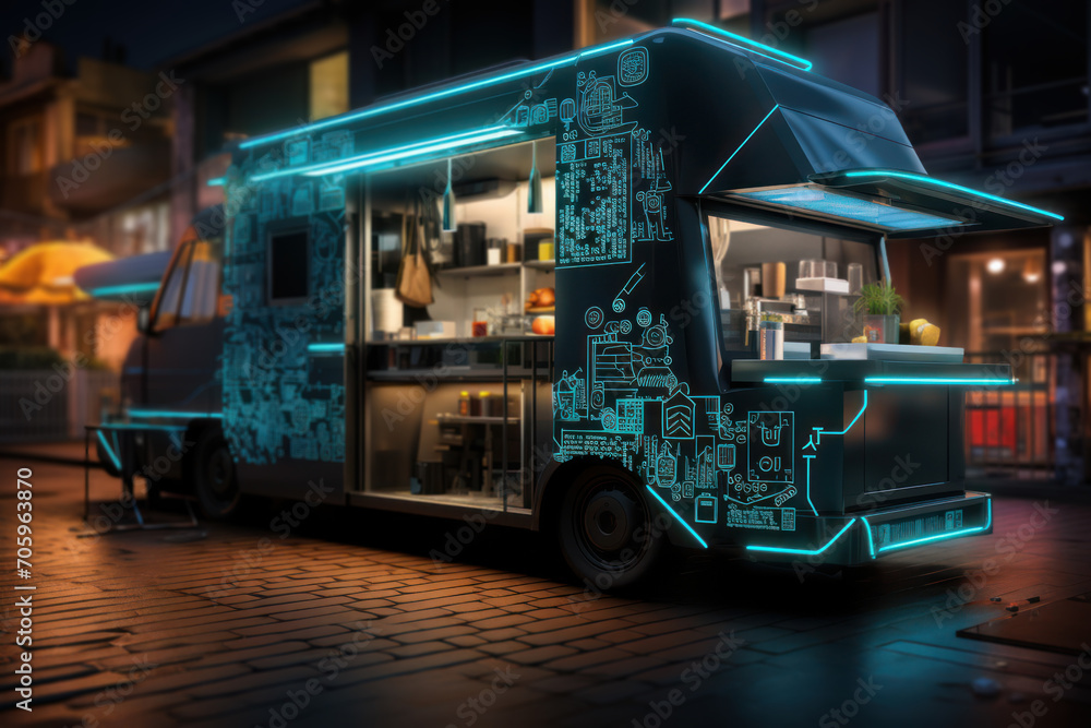 Poster an illustration of a food truck with a visible qr code for customers to scan and place orders, showc