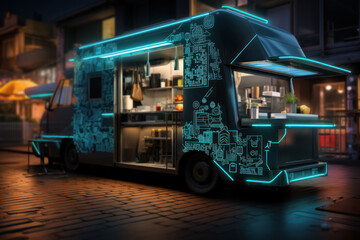 An illustration of a food truck with a visible QR code for customers to scan and place orders,...