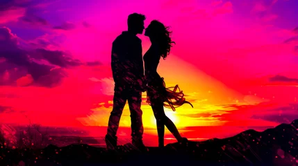 Fotobehang Silhouette of man and woman kissing in front of sunset. © Констянтин Батыльчук