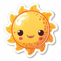 Obraz premium A vibrant, yellow sun sticker with radiant rays spreading out, a smiling face in the center, adorned with cheerful, round eyes and a happy, crescent mouth.