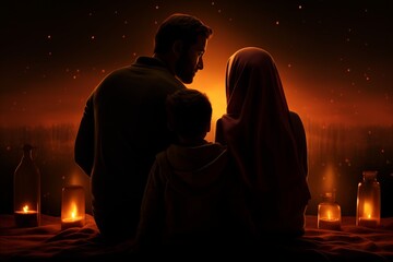 Silhouette of a Muslim family. Dad mom and son. Candles. Harmonious Family Prayer at Dawn. Portraying Unity, Faith, and Serenity in Ramadan Moments
