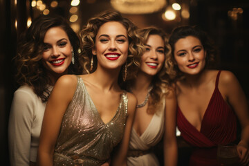 Amidst the quiet opulence of a vintage-inspired New Year's party, graceful individuals clad in chic ensembles share laughter and joy. Generative Ai.