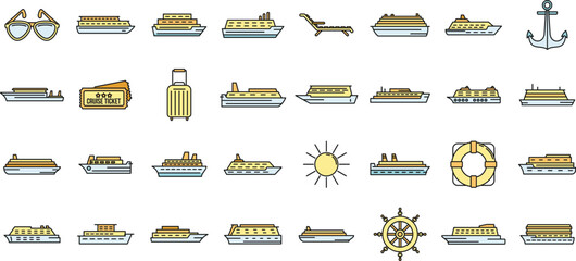 Ocean cruise icons set. Outline set of ocean cruise vector icons thin line color flat on white