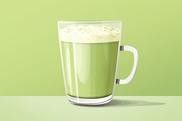 Matcha latte in a glass cup, green background