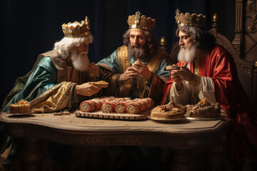 Whimsical representation of individuals savoring Three Kings Cake during Epiphany, highlighting the cultural diversity in the ways people indulge in this traditional delicacy. Generative Ai.