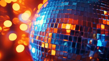 Close-Up Of Shiny Disco Ball. Mirror ball on colorful background