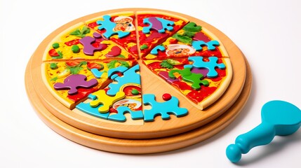 Obraz na płótnie Canvas Puzzle Pizza. A puzzle in the form of a bright colorful pizza on a wooden stand. Puzzle for children