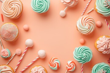 Peach Fuzz table top on peach background with decorated lollipops and cupcakes, children birthday party - obrazy, fototapety, plakaty