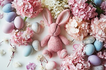 Pink Bunny surrounded by pastel-colored eggs and blooming hydrangeas on white background.