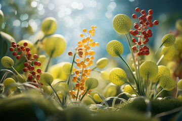 Capturing the detailed arrangement of molecules in a starch granule, showcasing its role in energy storage in plants. Metamorphosis, life, happiness