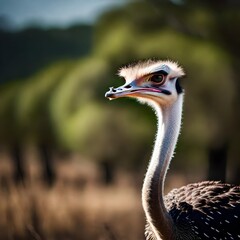 Close-up image of an  ostrich head with  trees in the background