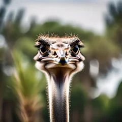 Fotobehang Close-up image of an  ostrich head with  trees in the background © freelanceartist