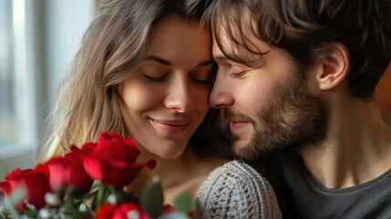 Closeup portrait of couple in love. Young man giving red roses to beautiful happy woman. Valentine's Day celebration. Love, romance, surprise, gift concept. For banner, backdrop, wallpaper