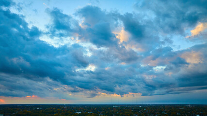 Aerial Twilight Skyline with Stormy Clouds over Suburban Fort Wayne