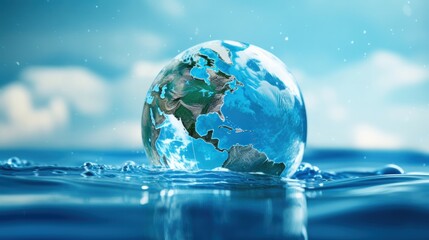 Closeup floating transparent blue earth globe on the deep sea water. Generate AI