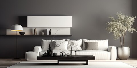 Modern living room with white furniture and dark accents.