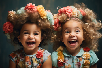 Adorable tots sporting hilarious hair accessories, their giggles filling the air with infectious happiness. Generative Ai.