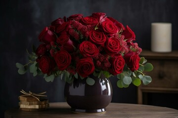 Vase with lush deep red rose bouquet. Generative AI