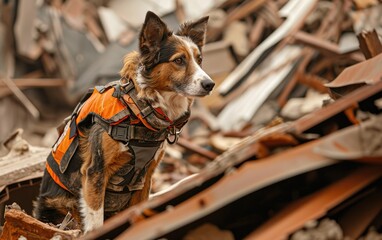 Rescue dog in a vest on the ruins of a destroyed building