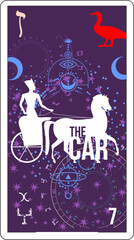 Egyptian tarot card number seven, called the chariot. Ancient war chariot with horses. Egyptian