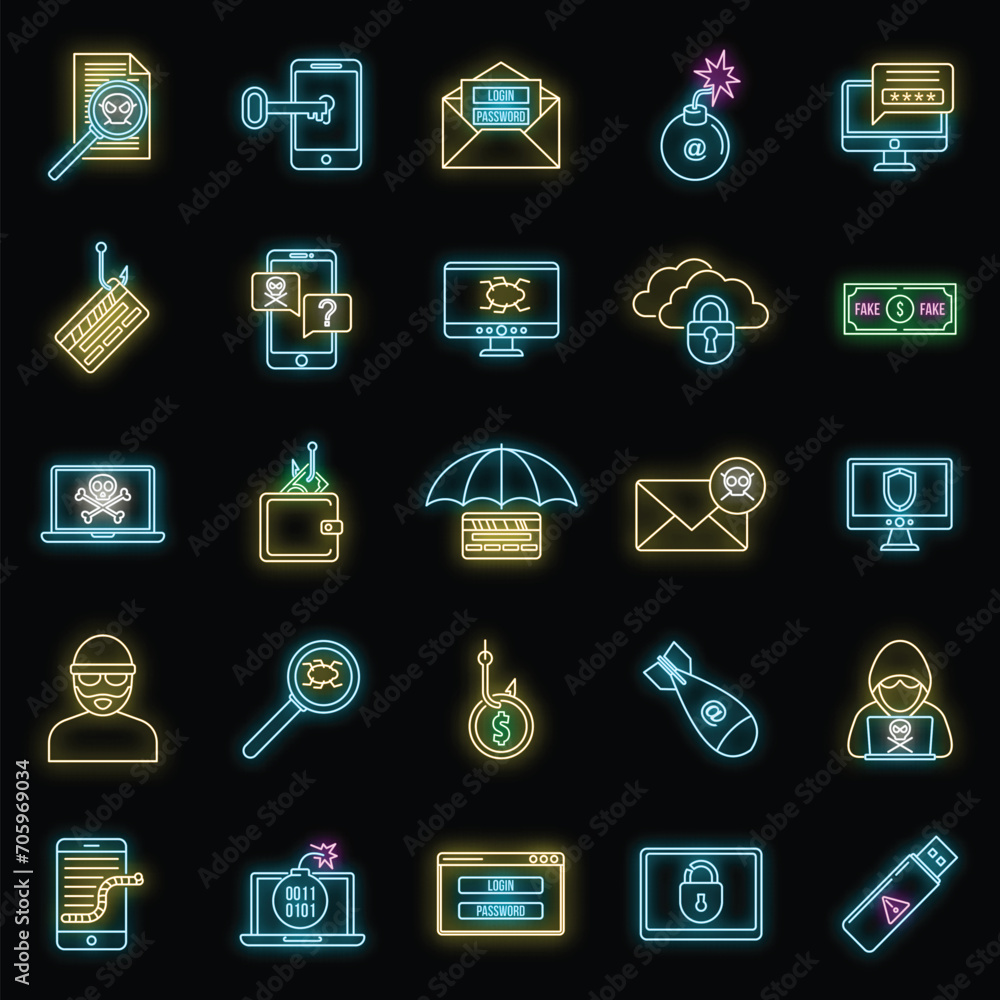 Poster fraud spy icons set. outline set of fraud spy vector icons neon color on black