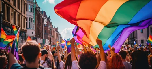 Foto op Plexiglas Supportive LGBTQ parade, rainbow flags, inclusivity. Banner. © Postproduction