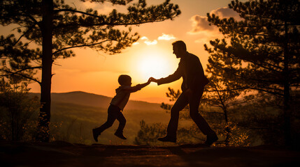 Fototapeta na wymiar silhouettes of father and son playing at sunset in springtime