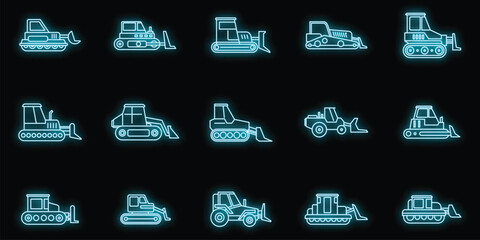Construction bulldozer icons set. Outline set of construction bulldozer vector icons neon color on black