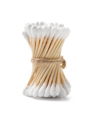 Fototapeta na wymiar Bunch of wooden cotton swabs buds tied with twine on a white background