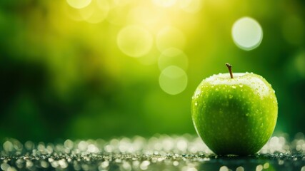 Dew-Kissed Green Apple on a Sparkling Bokeh Background Poster or Sign with Open Empty Copy Space for Text 
