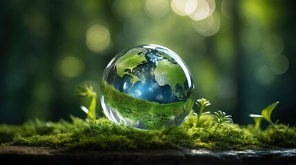 Transparent earth globe with green plant on the tropical rainforest blur background. Generate AI